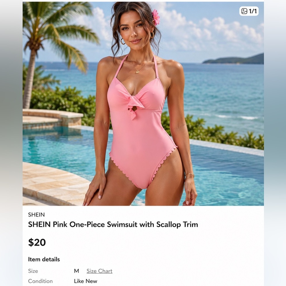 SHEIN Pink One-Piece Swimsuit with Scallop Trim